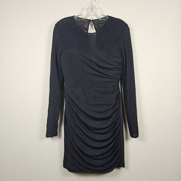 Dress The Population Brinley Black Mesh S Long Sleeve Ruched Mini Sheer Party - Picture 16 of 16